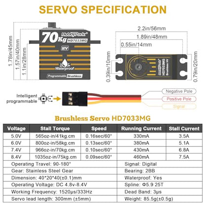 HobbyPark Waterproof 966oz-in 70KG Servo High Torque Servo Brushless Motor 8.4V HV Servo Metal Gear RC Servo Programmable for 1/8 1/10 1/12 RC Crawler RC Truck RC Car Buggy Robotic Control Angle 180°
