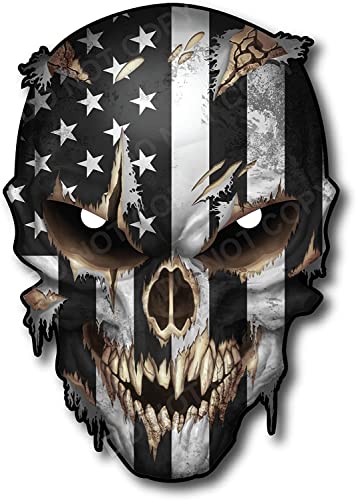 Black and White Skull with Reflective Eyes – Premium Decal for Trucks and Cars – American Flag Design – Cool and Unique Sniper Style Large USA Decal - color: Black and White, size: 5 Inch