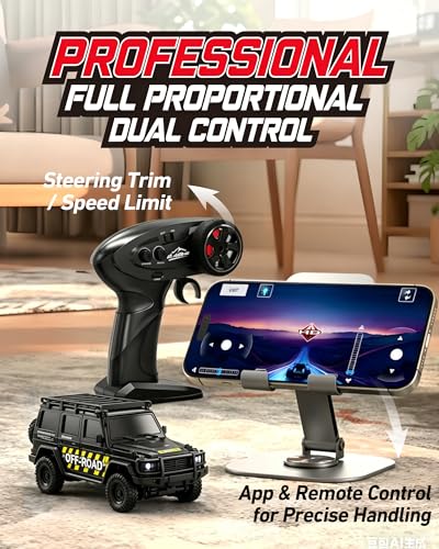 ARRIS 1/43 Micro Desktop RC Crawler 4WD with Full Proportional Control | App Control, Independent Suspension, Two Body Shells, LED Lights, Mini Off-Road Fun - color: Black