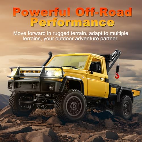 RC Truck with Crane, 1:12 Scale RC Crawler, MN-82T Remote Control Car, 2.4GHz 4WD All Terrain Off Road Pickup Truck Wrecker Vehicle with Lights for Adults (Yellow) - color: Yellow