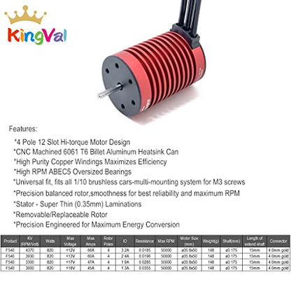 KingVal Replacement F540 3000KV Waterproof Brushless Motor Shaft 3.175mm with 45A Brushless ESC Combo Compatible with 1/10 RC Car