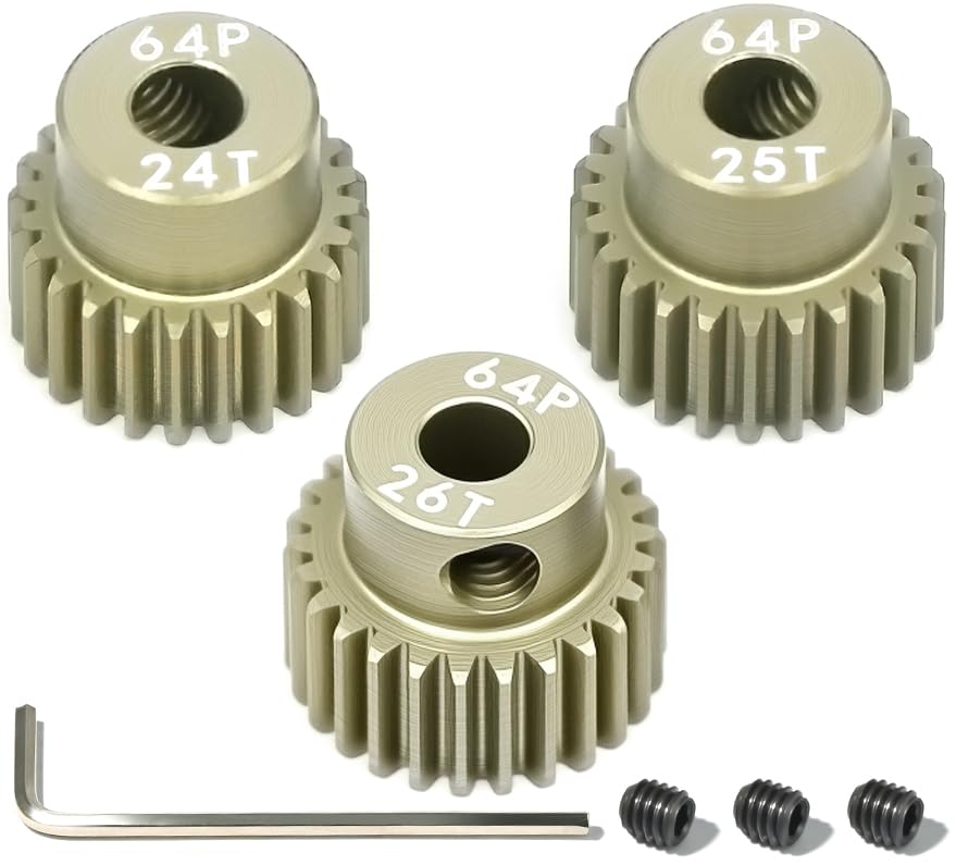 64P Pinion Gear 3.175mm Shaft 7075 Aluminum Alloy Motor Gears,0.6 Metric Pitch 24 25 26T with 1/8 Hole Pinion Gear Compatible with 1/10 Arrma HPI Kyosho Losi Axial Traxxas Tamiya RC Car - size: 24 25 26T