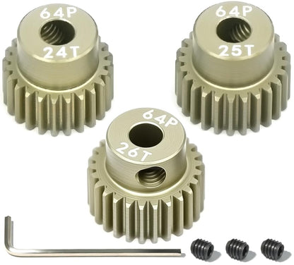 64P Pinion Gear 3.175mm Shaft 7075 Aluminum Alloy Motor Gears,0.6 Metric Pitch 24 25 26T with 1/8 Hole Pinion Gear Compatible with 1/10 Arrma HPI Kyosho Losi Axial Traxxas Tamiya RC Car - size: 24 25 26T