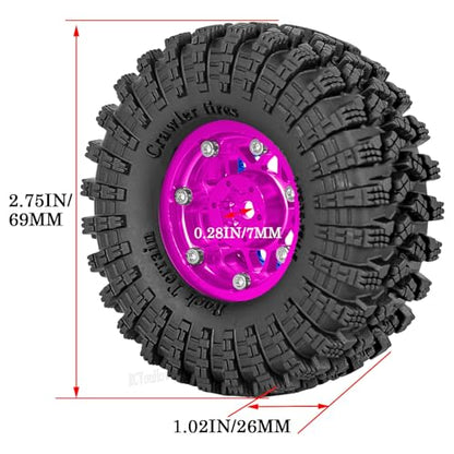 RC 1.3" Beadlock Wheel Tires Set/RC Wheels and Rim for 1/18 1/24 Trx4m SCX24 FCX24 RC Crawler Car,Aluminum 1.3 Wheel Rim Soft Rubber Tires w/Wheels Ring,Pink - color: Pink- (Wheel Tires)