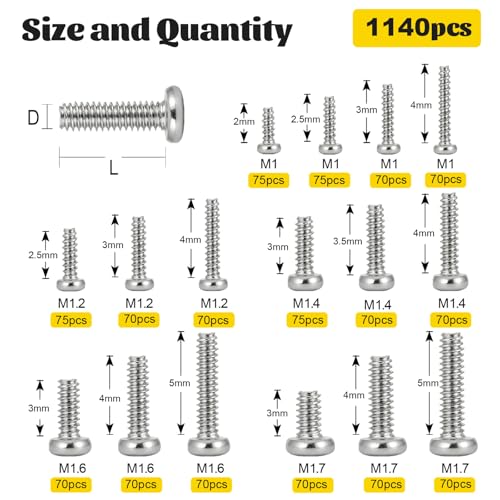 1140PCS Micro Small Pan Head Machine Screws Assortment Kit,M1 M1.2 M1.4 M1.6 M1.7 Tiny Screws for Electronics,Eyeglasses, Watches, Clocks - size: M1M1.2M1.4M1.6M1.7 1140pcs