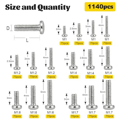 1140PCS Micro Small Pan Head Machine Screws Assortment Kit,M1 M1.2 M1.4 M1.6 M1.7 Tiny Screws for Electronics,Eyeglasses, Watches, Clocks - size: M1M1.2M1.4M1.6M1.7 1140pcs