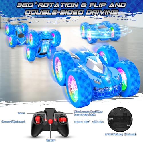 Wupuaait Flip Remote Control Car for Kids, RC Stunt Cars Toys for Boys Ages 4-7 with Double-Side and Changeable Led Lights, 1:24 Vehicle Toy Birthday Gift 3 4 5 6 7 8 9 Year Old Girls Racing Car Blue - color: Blue