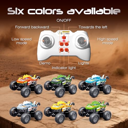 MOONTOY Dinosaur Remote Control Car, Mini Remote Control Truck with 360° Spins, 2.4GHz Rc Car with Lights and Rechargeable Batteries, Metal Body Monster Truck Toys for Kids and Adults(Yellow)
