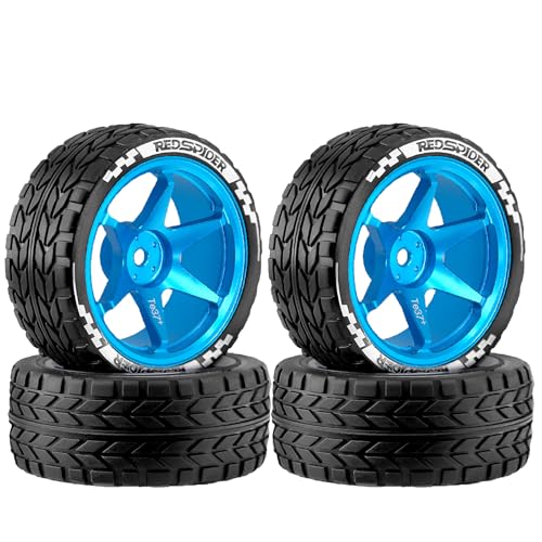 1/10 RC On Road Tires OD 2.55'' and Aluminium Street Wheels 4PCS 12mm Hex Touring Tyres for 1:10 Rally Racing Drift Car Tamiya TT01 TT02 XV01 HPI KYOSHO HSP PTG2 Traxxas TA06 A959 (Blue) - color: Blue