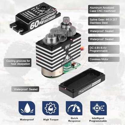 HobbyPark 828oz-in 60kg Servo High Torque Waterproof RC Steering Servo Metal Gears Stainless Steel Aluminum Case for 1/6 1/7 1/8 1/10 RC Crawler Car Truck Buggy HV, Powerful & Fast (Coreless Motor)