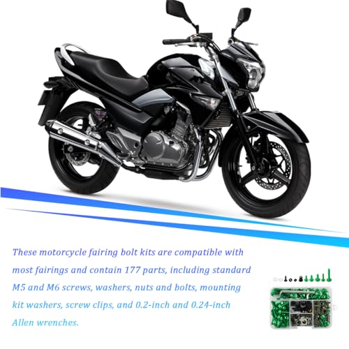 195PCS M5 M6 Motorcycle Fairing Bolt Kits, Stainless Steel Windshield Fairing Screws Fastener, Motorbike Windscreen Bolts Nut Clips Kit, Universal for Dirt Bike Scooters Motocross (Green) - color: Green