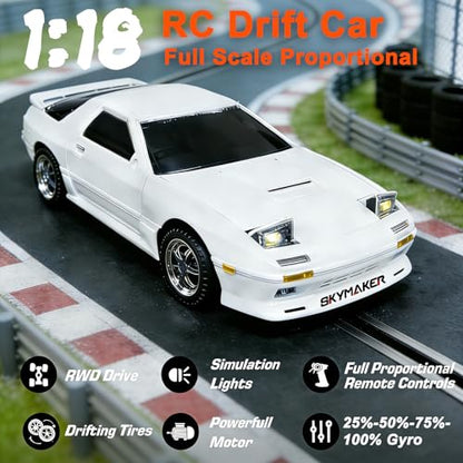 LDRC Drift Car Mazda RX7-FC 1:18 RWD Remote Control Car (White) | Includes 2 batteries, metal drive shaft & gyro,Easy drift for adult indoor racing - color: Mazda Rx7-fc White With 2 Batteries