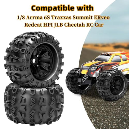 1/8 RC Monster Truck Tires, daitoku 17mm Hex RC Wheels and Tires for Traxxas Maxx Tmaxx E-Revo Revo 3.3 Arrma Kraton Notorious 6s Redcat Kaiju Shredder JLB Cheetah Monster