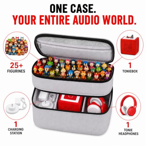 Bevegekos 2-Layer Carrying Case for Toniebox Gen 1 & 2, Holds 25+ Figures | 600D polyester, foam-padded interior, fits headphones & charging station, adjustable strap, perfect for travel and daily use - color: Grey
