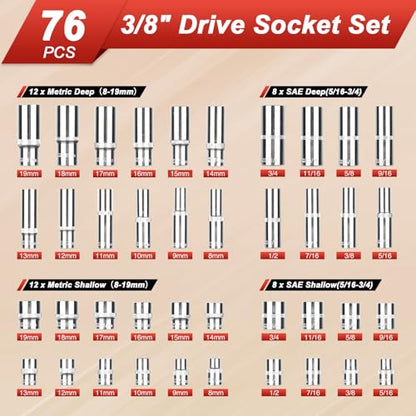 Egofine 3/8" Drive Socket Set, 76 PCS Ratchet Wrenches Set, Standard and Deep Metric (8 to 19mm)/SAE (5/16 to 3/4 inch) Size, with 72-Tooth Ratchet for Auto Repairing and Household, with Storage Case - style: 3/8" 76 PCS with 72 Teeth Ratchet