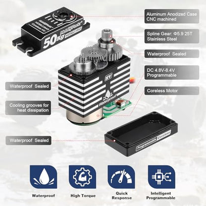 HobbyPark 50kg Servo High Torque Waterproof RC Steering Servo Metal Gear Digital Stainless Steel Gears Aluminum Case for 1/7 1/8 1/10 RC Crawler Car Truck Buggy, Powerful & Fast (Coreless Motor)