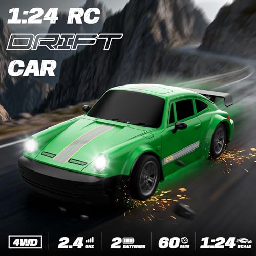 RC Drift Car 1:24 Scale, 4WD Remote Control Car with LED Lights 20KM/H High Speed, Dual-Mode Racing & Drifting Toy Car with 2 Batteries, Gift for Kids & Adults, Green - color: Green