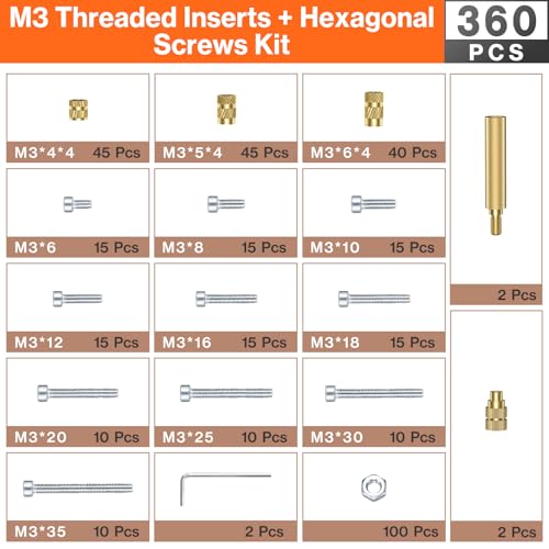 Preciva M3 Threaded Inserts Set, 360Pcs Heat Set Bolts Nuts with M3 Insert Tip and 60W Digital Soldering Iron, for 3D Printer Parts or Plastic Parts - size: M3