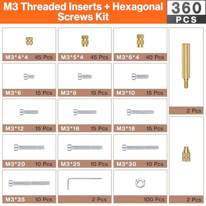Preciva M3 Threaded Inserts Set, 360Pcs Heat Set Bolts Nuts with M3 Insert Tip and 60W Digital Soldering Iron, for 3D Printer Parts or Plastic Parts - size: M3