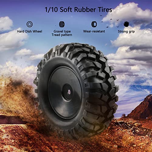 4pcs 1/10 Wheels and Tires with Lock Nuts Washers Wrench, 12mm Hex Hard Dish Wheel for Racing Off Road Buggy Truck Rock Crawler RC4WD Tamiya MST HSP CR12
