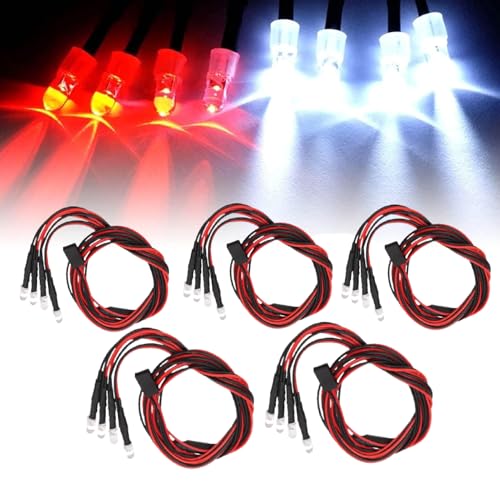 HERCHR 5PCS RC LED Light Kit, 5mm Headlights/Taillight Kit (2 White 2 red) for Hsp, Redcat, Axial, Scx10, D90, Hpi RC Cars Crawler Light Accessories