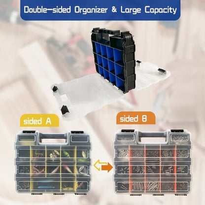 Tool Box Storage Organizer, TONGQI 34-Compartment Double Side Small Parts Box with Removable Plastic Dividers for Hardware, Screws, Bolts, Nails, Jewelry and Fishing Accessories, 1 Pack