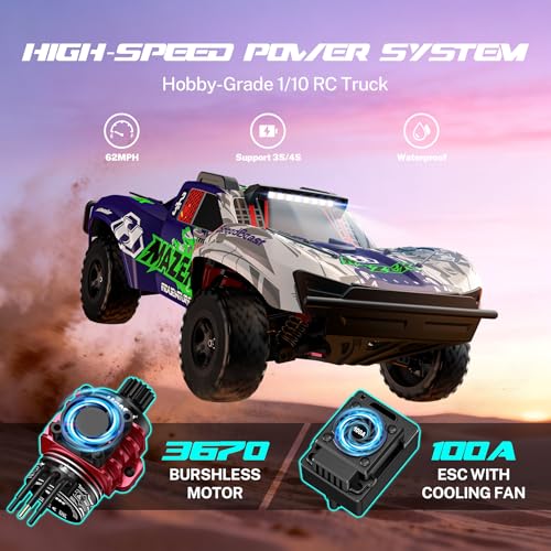 Hosim Fast RC Cars for Adults Brushless 1/10 Scale, MAZEK 4WD Off-Road Electric All Terrain Hobby Monster Truck with 3S 5000mAh Battery & 100A ESC, 4S Ready RC Truck Waterproof Remote Control Car - color: Blue