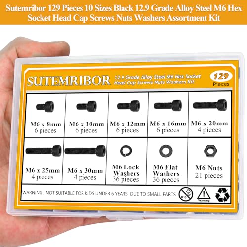 129 Pieces M6 Screws Nuts Washers Set Black, Sutemribor M6 x 8/10/12/16/20/25/30mm Hex Socket Head Cap Screws Nuts Washers Assortment Kit, 12.9 Grade Alloy Steel, Fully Threaded - size: M6, style: Socket Head