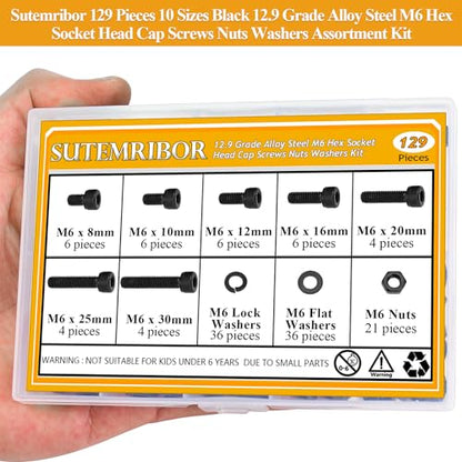 129 Pieces M6 Screws Nuts Washers Set Black, Sutemribor M6 x 8/10/12/16/20/25/30mm Hex Socket Head Cap Screws Nuts Washers Assortment Kit, 12.9 Grade Alloy Steel, Fully Threaded - size: M6, style: Socket Head
