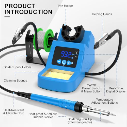 Soldering Station, 130W Digital Display Soldering Iron Station Kit with 2 Helping Hands, 356°F-932°F, Auto Sleep, Solder Wire, 5 Tips, Solder Sucker, Sponge, Tweezers, Tip Cleaner, Blue