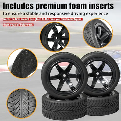 OD 2.55" On Road Rubber Tires Plastic Wheel Rims 12mm Hex for 1/10 RC Car | Compatible with MJX HSP Tamiya HPI Kyosho Traxxas Sakura Redcat WLtoys 1/10 RC On-Road Racing Touring Car (4pcs, Black) - style: G-Black