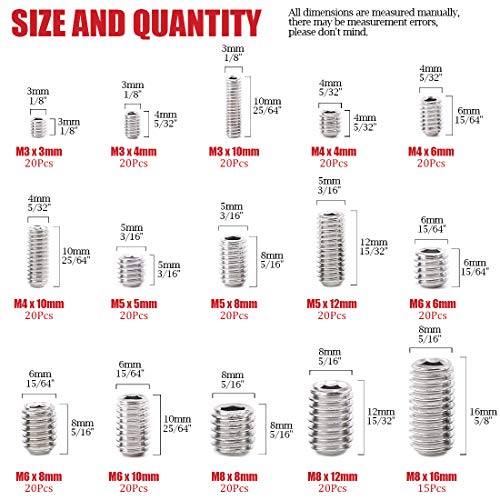 Hilitchi 295Pcs M3/4/5/6/8 304 Stainless Steel Set Screw Assortment with Internal Hex Drive and Cup Point, Metric - color: Silver - Metric - 295pcs