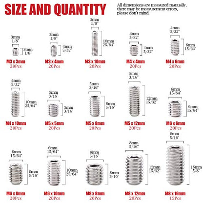 Hilitchi 295Pcs M3/4/5/6/8 304 Stainless Steel Set Screw Assortment with Internal Hex Drive and Cup Point, Metric - color: Silver - Metric - 295pcs