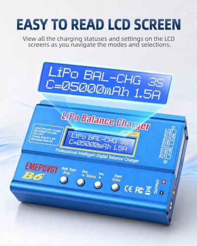 B6 Battery Balance Charger 2026 Upgraded 80W Discharger for NiMH/NiCd (1-15S) LiPo/Li-ion/Life Battery (1-6S) RC Hobby Batteries Balance Charger with AC Power Supply