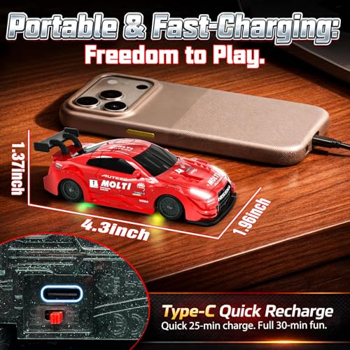 1/43 Mini RC Drift Car with Gyro, 2.4GHz Full Proportional RC Car, 20KM/H Professional High Speed Remote Control Car with Lights, Desktop Drift Car Racing Toy Gifts to Adults Kids Boys - color: Red