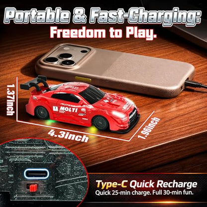 1/43 Mini RC Drift Car with Gyro, 2.4GHz Full Proportional RC Car, 20KM/H Professional High Speed Remote Control Car with Lights, Desktop Drift Car Racing Toy Gifts to Adults Kids Boys - color: Red