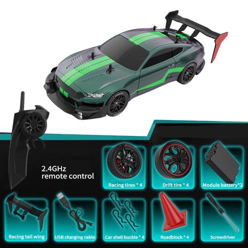 RC Drift Car, 1:14 4WD 40KM/H High Speed RC Racing Car with LED Lights, 2 Batteries, Drifting and Racing Tires for Adults (Green) - color: Green
