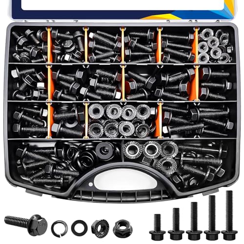 454 pcs Metric Flange Bolt Assortment Kit- Grade 10.9 M12 M10 M8 M6 Nuts and Bolts Assortment Kit, Black zinc Plating Hex Bolts and Nuts Washers,Metric Bolt Assortment for Automotive