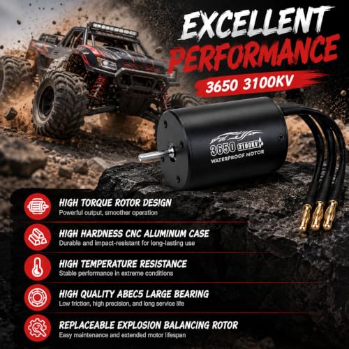 3650 3100KV Brushless Motor ESC Combo, Waterproof 60A Sensorless Brushless ESC for 1/10 RC Cars, 2S LiPo Brushless Motor Kit for Off-Road, Buggy, Monster Truck, Touring Car