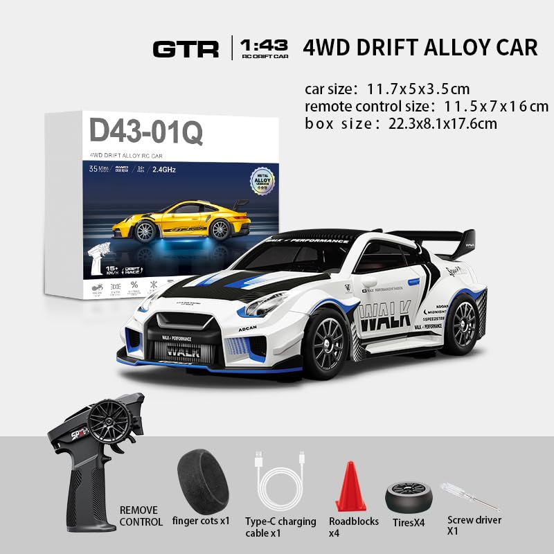1:43 RC Drift Car 20KM/H with Gyro, 2.4G 4WD Full Proportional Alloy Sport Racing Car, Adjustable Speed, LED Lighting for Teens & Adults-D43-02 - color: Q1/Mecha War White