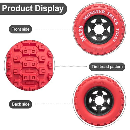 LRFHL MX28 F/R 2.8" RC Monster Truck Tires and Wheels 4PCS, Red | 12mm/14mm Hex Adapter, 1/10 RC Monster Truck, Compatible with Traxxas Stampede Rustler Redcat Arrma Vorteks Big Rock Granite - color: Red Tires+ Black Hex Wheel-1