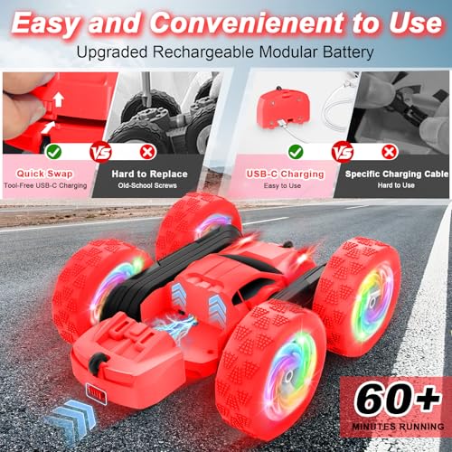 Remote Control Car, Outdoor Toys RC Cars for Kids Ages 6-12, 4WD Double Sided Stunt Vehicle with Upgraded USB-C Modular Batteries, 5 6 7 8 9 10+ Year Old Boy Birthday Red - color: Red