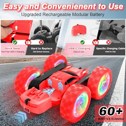 Remote Control Car, Outdoor Toys RC Cars for Kids Ages 6-12, 4WD Double Sided Stunt Vehicle with Upgraded USB-C Modular Batteries, 5 6 7 8 9 10+ Year Old Boy Birthday Red - color: Red