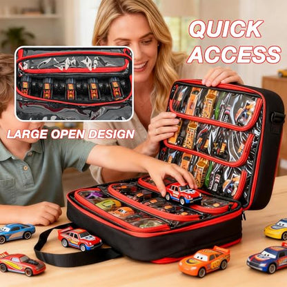 Monster Truck Case for Monster Jam 1:64 Scale, Holds 34 Cars | Storage Bag with 6 Clear TPU Zipper Pockets, Front Pocket, D-Ring, Top Handles and Detachable Shoulder Strap, Black