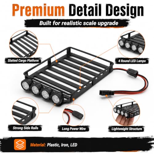 RC Metal Roof Rack Luggage Carrier for Axial SCX24 1/24 RC crawle rwith Four White LED Lights 4.3 x 2.6in for Enthusiasts Scale Model Hobbyists - size: Round Lamp