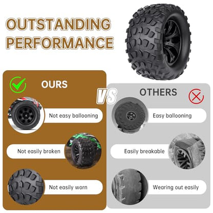 2.8 Tires and Wheels 12mm Hex 1/10 Scale RC Monster Truck Wheels for Traxxas Rustler VXL Stampede 4x4 Redcat Volcano EPX Pro Blackout XTE, Set of 4