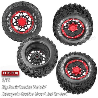 RC Truck Tires 12mm/14mm/17mm Hex RC Wheels and Tires for 1/10 Big Rock Granite Vortek/Stampede Rustler Hoss/L0s1 Rc 4wd,RC Monster Truck Car Wheel 4Pcs,Black Red - color: Black Red - (12mm/14mm/17mm Hex)