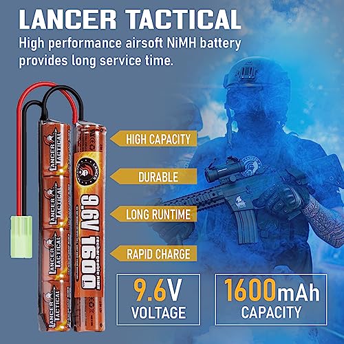 Lancer Tactical Nimh Airsoft Battery Compatible with Lancer AEG Airsoft,Pack of 2 (9.6V,1600 mAh Nunchuck)