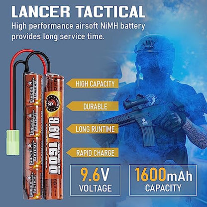 Lancer Tactical Nimh Airsoft Battery Compatible with Lancer AEG Airsoft,Pack of 2 (9.6V,1600 mAh Nunchuck)