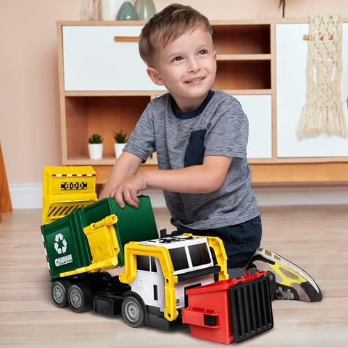 JOYIN Large Friction Powered Garbage Truck Toy Set, Includes 1 Dumpster, 3 Trash Bins, and 30 Learning Cards for Kids, Boy Toys Birthday Gift, Green - color: Green